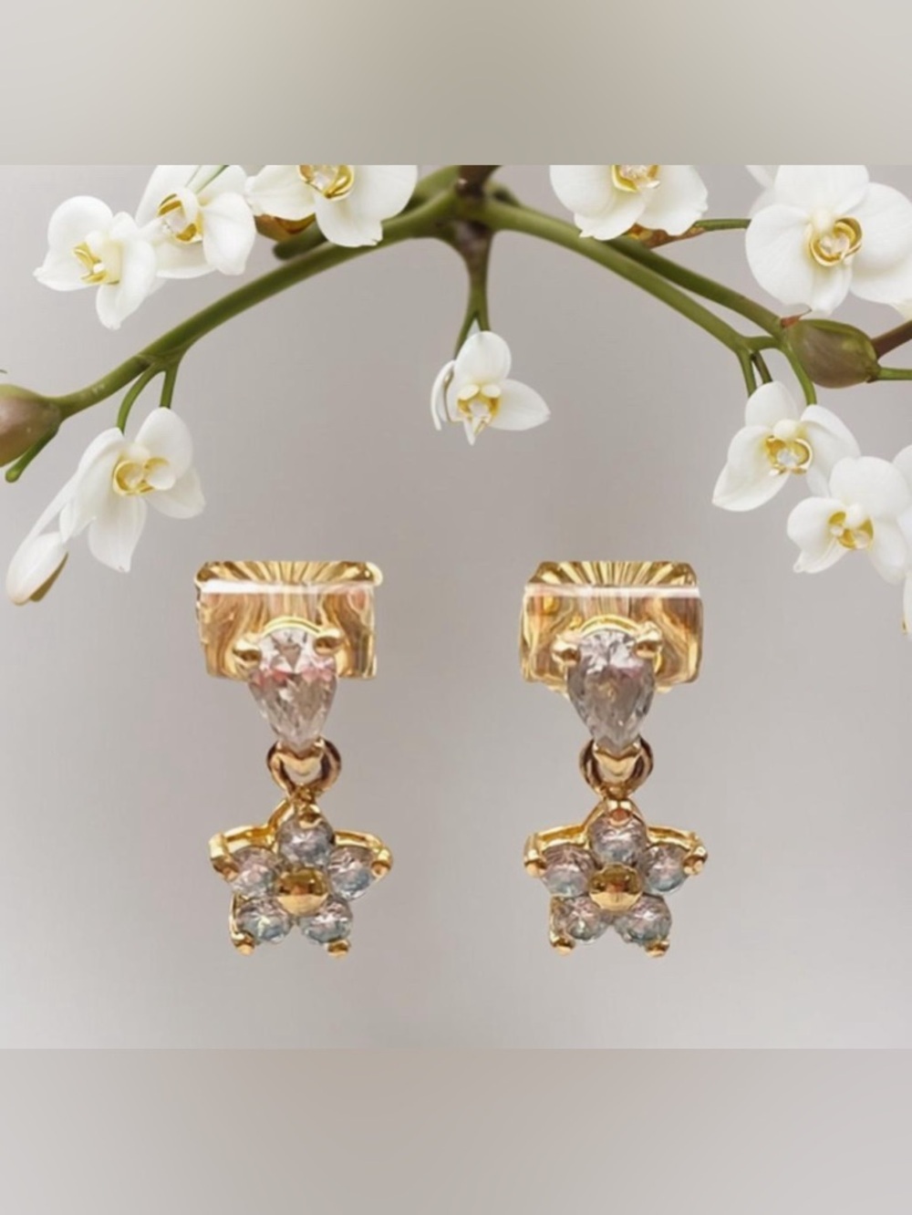 Gold and CZ Floral Earrings with New Backs on post - Picture 1 of 3